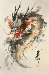 Generative AI, Japanese colorful artwork poster with watercolor dragon, vintage painting