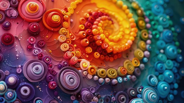 Whimsical Clay Creations: Top-Down View of Circular Rainbow Background, Crafted with Intricate Details. Abstract Background.