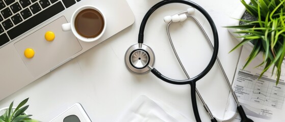 Coffee cup and stethoscope, relaxing concept for doctor. Work space medical technology and healthy concept, Generative AI