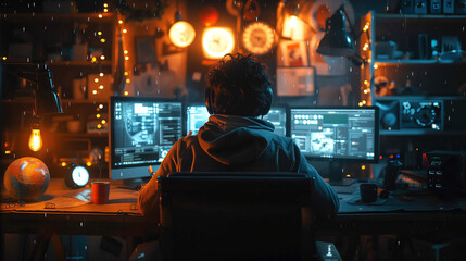 Young male IT programmer works on a desktop computer in the control room of a data center system. Young programmer analyzes complex code