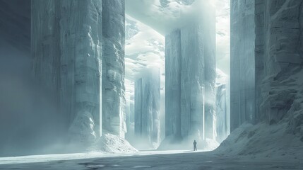 Ethereal Hall Amidst Mist: Towering Stone Pillars in a White Landscape.