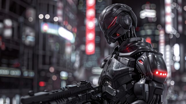 A 3D illustration featuring a cyberpunk soldier city patrol, depicting a science fiction military robot warrior patrolling dystopian nighttime streets