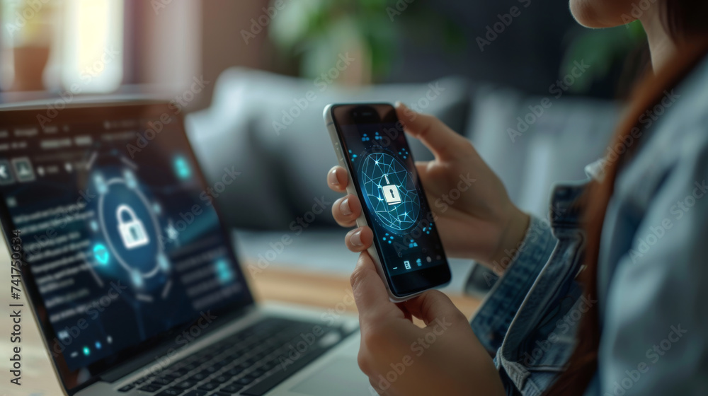 Poster a person's hand is interacting with a smartphone displaying a cybersecurity lock graphic, with a lap