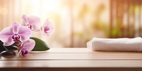 Blurred spa salon bathroom with orchid flowers on wooden table.