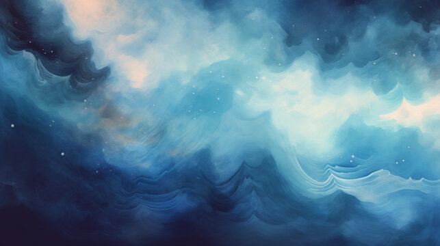 Abstract Watercolor Oceanic Cosmic Waves Blue Painting Background