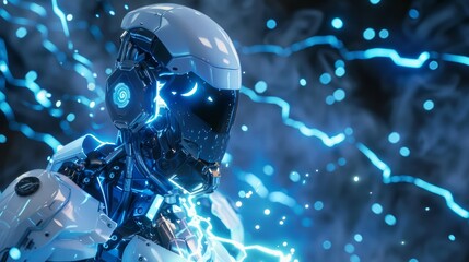 A high-quality 3D illustration featuring an advanced cyborg character holding energy charges. This character serves as a perfect avatar for technology, sci-fi, and gaming