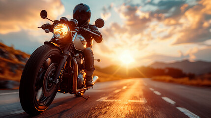 Motorcycle ride, man driving motorcycles, biker at summer parade, driving on the road during sunset, summer travel, trip, free lifestyle.