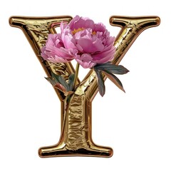 The letter 'Y' is intricately decorated with peony flowers and delicate leaves. 