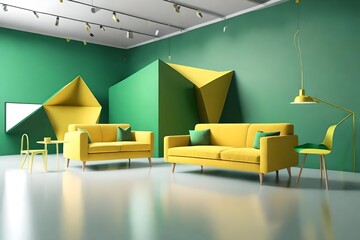 yellow and green color chairs, sofa, armchair in empty background. surrounding by geometric shape Concept of minimalism & installation art. 3d rendering mock up  3d render