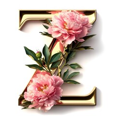 Gloss Golden Letter "Z" with peony flower isolated on white background 