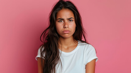Fototapeta premium A young woman with a puzzled expression, featuring blonde hair and freckles, against a pink background.