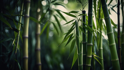 Bamboo leaves with soft detailed texture Natural abstract delicate shapes and fluid lines Highlighted leaf edges against blurred background Colored in bold green tones with a dark moody ambiance  - obrazy, fototapety, plakaty