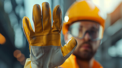 close-up of a worker in safety gear extending a gloved hand in a stop gesture.