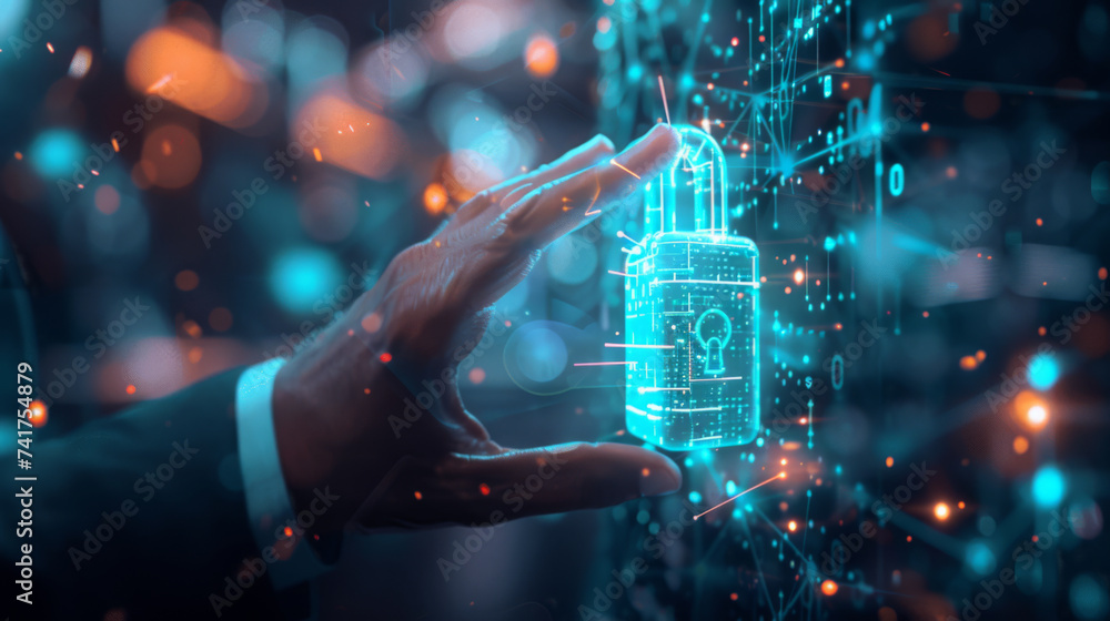Aufkleber a hand interacts with a glowing digital lock icon amidst a network of connected points, symbolizing 