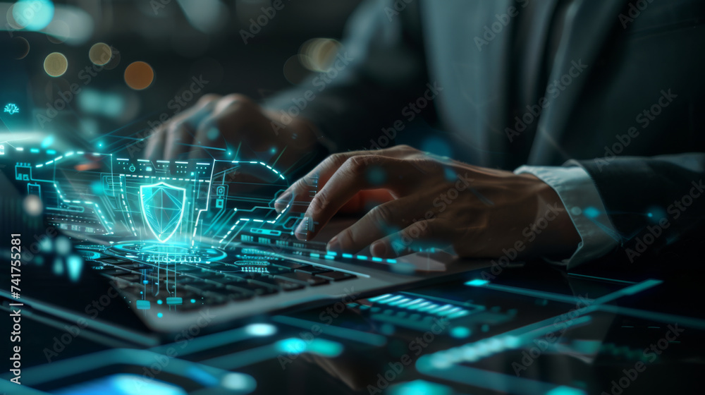 Poster a person in a suit is typing on a laptop with a glowing digital shield symbolizing cybersecurity hov