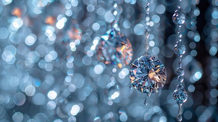 Shimmering Majesty: Clear Diamond-Shaped Crystals Dangling and Glowing on blur Background.