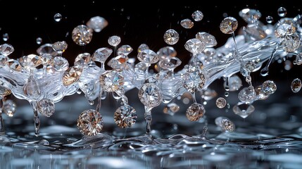 Waterfall of Diamonds: Freeze-Frame Capture of Diamonds Falling with Water Splash, on Black Background.