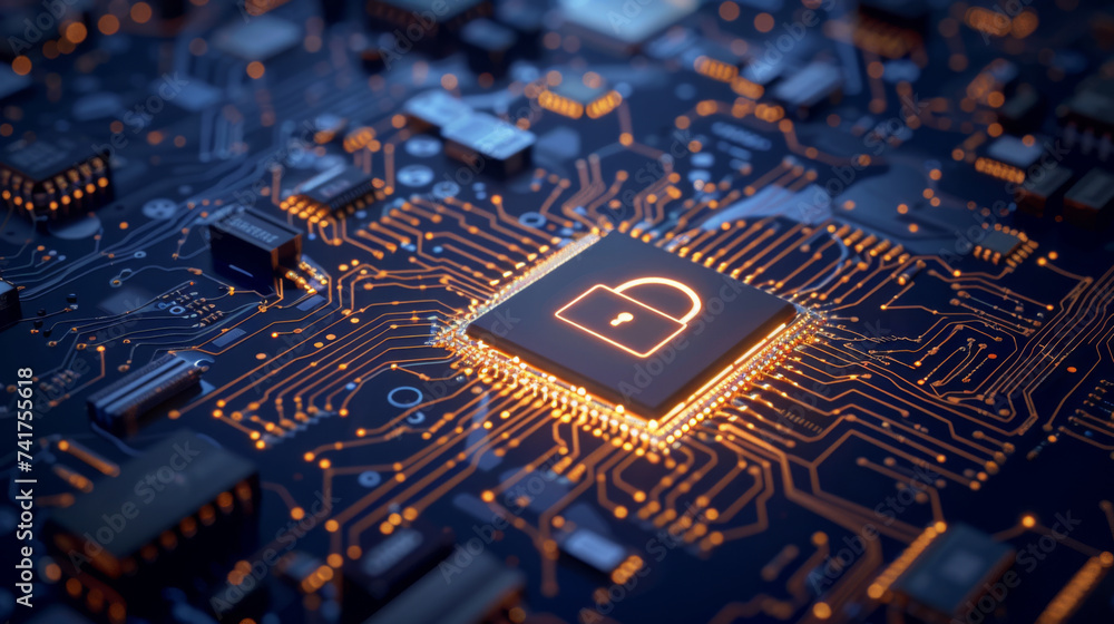 Poster a close-up of a motherboard featuring a security chip with a lock symbol, surrounded by circuits and