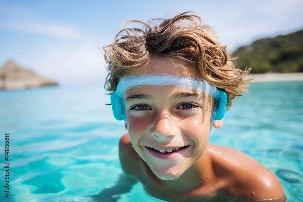 Sticker Portrait of smiling boy in swimming goggles in swimming pool at tropical resort