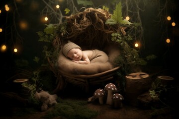 Serene Newborn Sleeping in Nature-Inspired Nest in Summer Forest