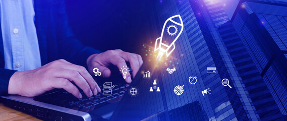 Startup business concept, rocket launching and flying from hand to sky for growing business, fast...