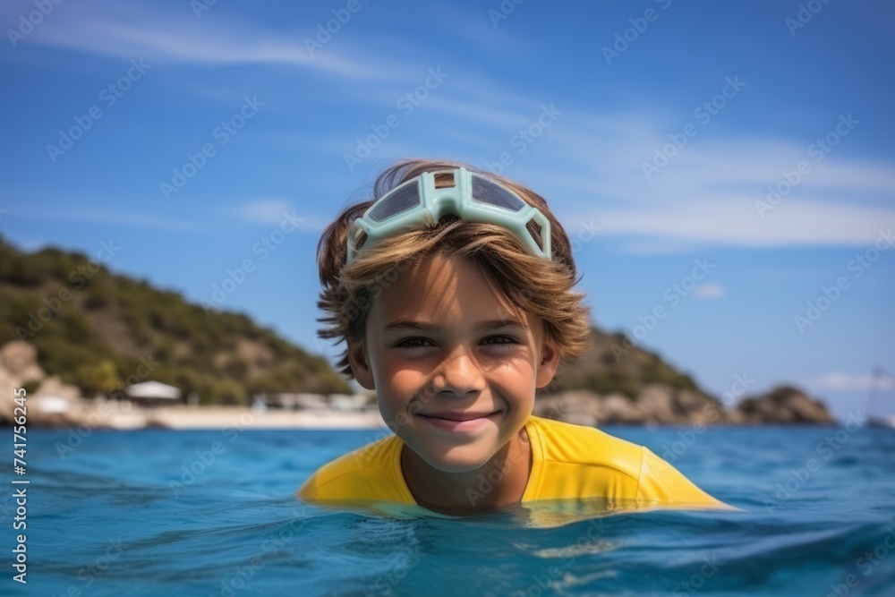 Poster Little boy in swimming suit with goggles and snorkel in sea