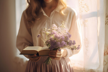 Woman holding bouquet and book. She is standing by the window and reading a book.