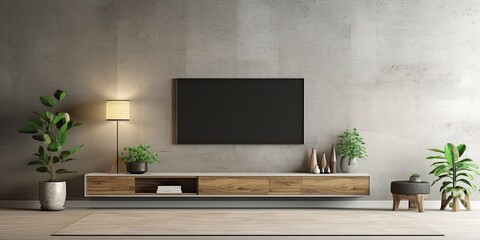 a TV cabinet mockup in a living room on a concrete wall.