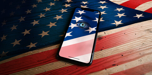 Mobile phone with american flag on screen. President election. Memorial Day. 