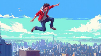A pixel art depiction of a cheerful male character jumping - obrazy, fototapety, plakaty