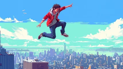 Fotobehang A pixel art depiction of a cheerful male character jumping © Orxan