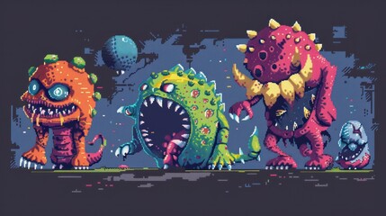 A vector illustration set featuring retro video game monsters