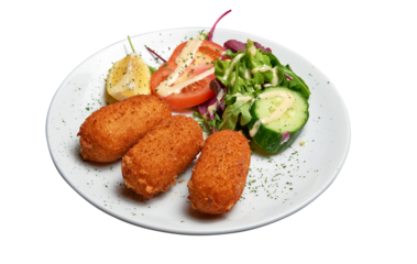 Floating White plate with three Shrimps croquettes ans salad