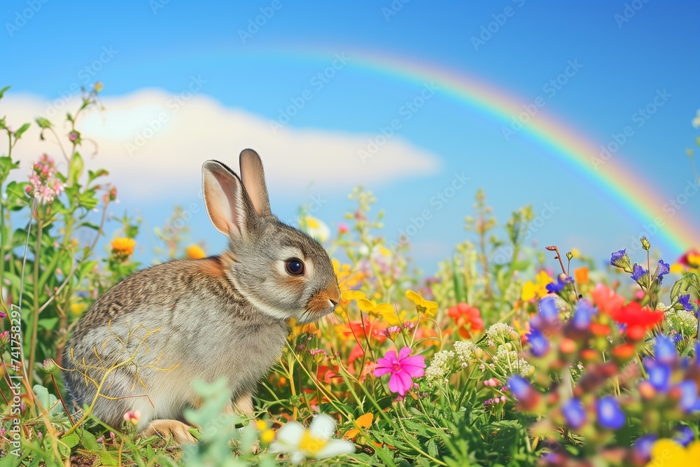 Wall mural A serene bunny in a field of vibrant wildflowers, with a rainbow arching in the background, on a sunny sky blue backdrop. - Wall murals