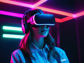 closeup of a 3d girl playing with mobile  with VR goggles and neon lights. futuristic concept of metaverse, play to earn, nft and cryptocurrencies