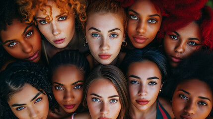 Obraz premium from above view Multi ethnic women looking up . A group of beautiful women with different beauty, hair and skin color. The concept of women, femininity, diversity