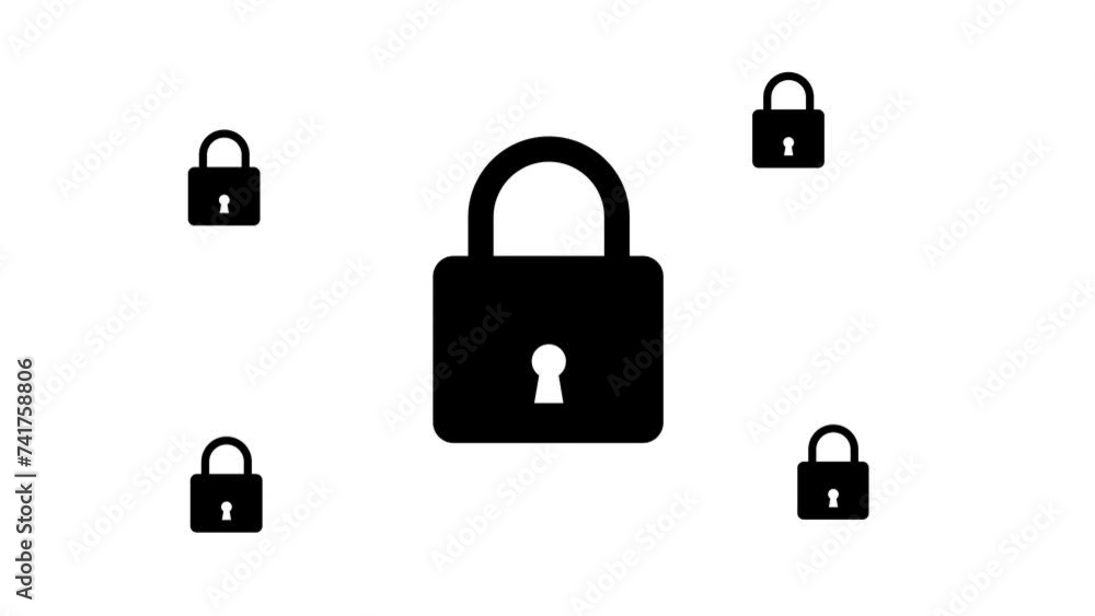 Poster zoom in and out animation the padlock symbol. large black symbol in the center and four small symbol