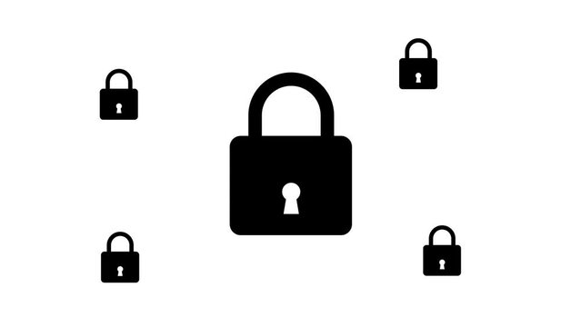 Zoom in and out animation the padlock symbol. Large black symbol in the center and four small symbols around. Seamless looped 4k animation on white background