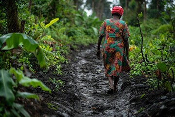 african woman walking alone on the path