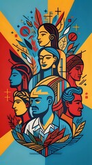 Obraz premium Illustration of equality people with different gender and colour of skin in society. Profile of multicultural people