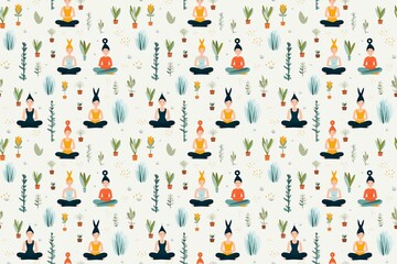Seamless pattern with diverse people meditating in nature, surrounded by plants
