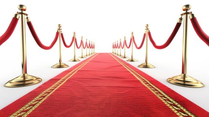 Red carpet and golden barrier isolated on white background. Luxury entrance. VIP entrance. 