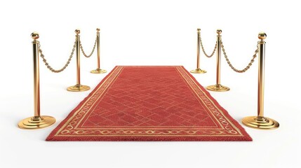 Red carpet and golden barrier isolated on white background. Luxury entrance. VIP entrance. 