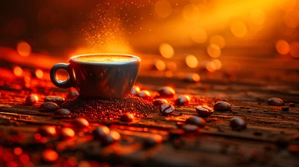  Aromatic espresso with steam rising, set against a backdrop of coffee beans, capturing the essence of a perfect morning © Jahid