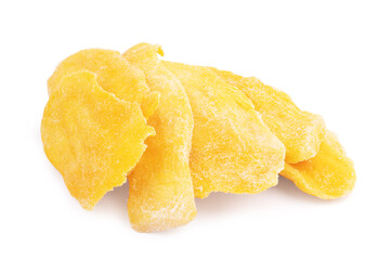 A pile of dried mango slices close-up on a white background. Isolated