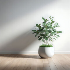 Fototapeta premium A plant in a white pot left sits on a wooden floor in front of a white wall window shadow