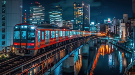 A night scene featuring the Tokyo automated guide-way train - obrazy, fototapety, plakaty