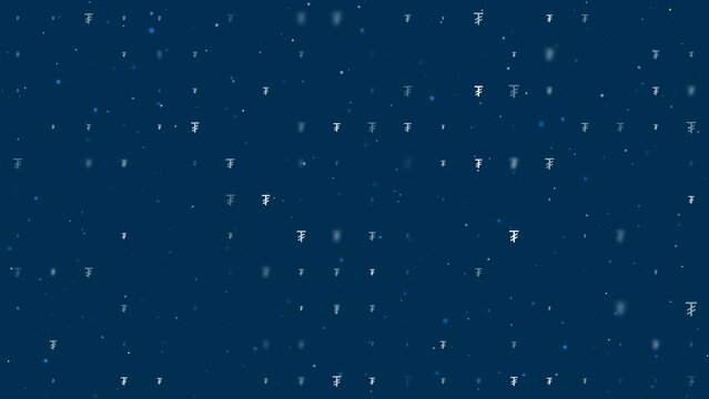 Template animation of evenly spaced tugrik symbols of different sizes and opacity. Animation of transparency and size. Seamless looped 4k animation on dark blue background with stars