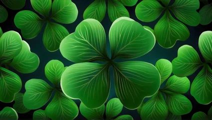 Fotobehang Closeup of green four leaf clover on dark background, featuring flowers, shamrock, clover, art, and leaves © CraftyStarVisual