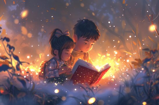 Under the warm glow of a streetlamp, a curious girl and thoughtful boy share a moment of enchantment as they delve into the pages of a book together on a starry night